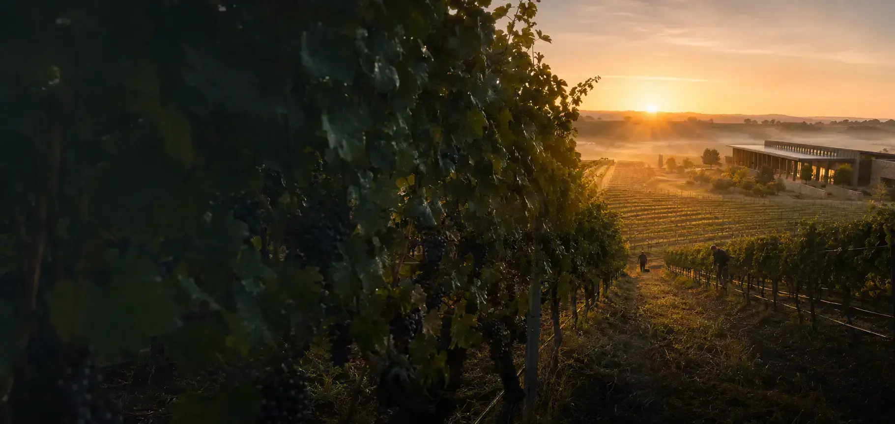 Vineyard rows at a premium wine estate at sunrise